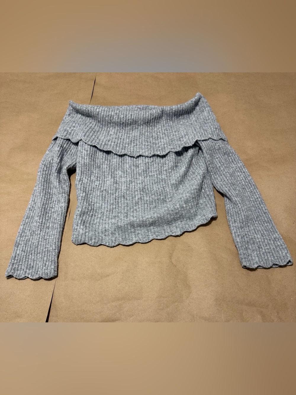 Celebrity Pink Gray Off-the-Shoulder Ribbed Ruffle Sweater - Picture 2 of 6